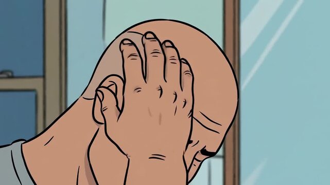 Bald man in gray shirt stands in bathroom, looking at reflection in mirror, showing visible signs of distress, with sink and window in the background