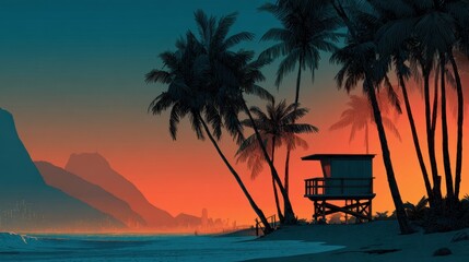 Sunset at Ipanema Beach With Lifeguard Station and Palm Trees