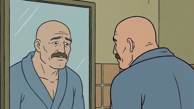 Bald man in blue bathrobe gazes into mirror, showing a range of emotions while reflecting on his appearance in a bathroom with tiled walls and a clock