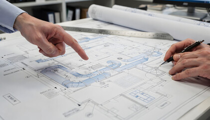 Examining blueprints with focused discussion and meticulous detailing, vital for architectural planning and innovative design solutions in construction and layout planning