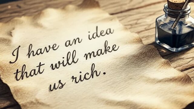 Vintage parchment paper with handwritten text stating an idea for wealth, accompanied by an ink bottle and quill pen on a wooden table surface