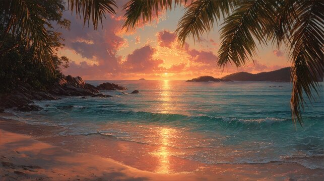Sunset Over Baa Do Sancho With Palm Leaves Framing the View by the Beach