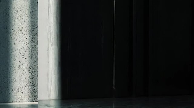 Dark concrete walls and a reflective floor forming abstract patterns with linear light strips, conveying themes of minimalism, modern design, and atmosphere