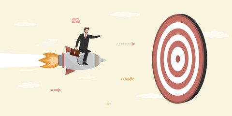 Confident businessman startup flying on fast rocket to giant target. Business concept, goals and aspirations. Ambitions entrepreneur want hitting target. © Alina