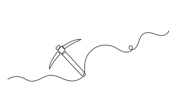 One line drawing of a pickaxe icon featuring minimalist style and isolated outline vector illustration