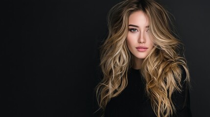 Fototapeta premium Beautiful woman with long wavy hair posing for camera against dark background, ideal hair salon concept banner design with copy space on right side in high resolution ultra-realistic style