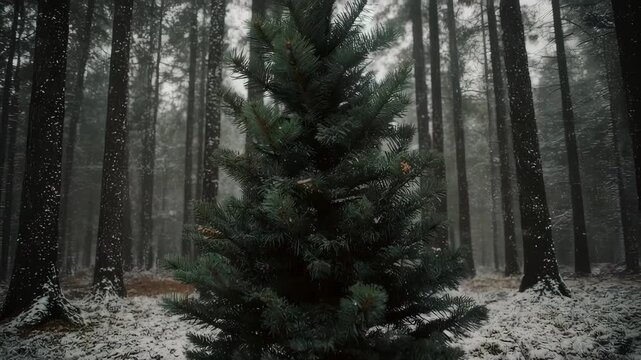 A small fir Christmas tree covered in snow in a dense winter forest. Holiday scene with evergreen pine during snowfall.