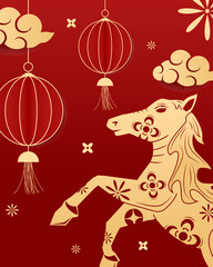 Happy Chinese new year 2026 , modern design set in red, gold and white colors , Year of the horse zodiac , Asia oriental traditional ornament, frame and border ,	
