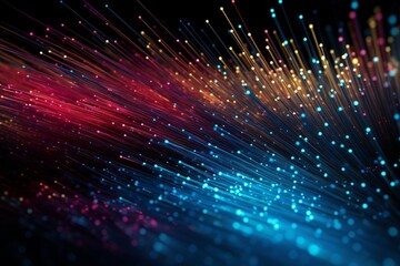 Naklejka premium Glowing fiber optics cables creating a digital data network, illustrating global communication