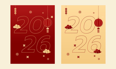 Happy Chinese new year 2026 , modern design set in red, gold and white colors , Year of the horse zodiac , Asia oriental traditional ornament, frame and border ,	
