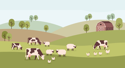 Obraz premium Pastoral farm scene with cows grazing in a sunlit pasture beside a distant barn and rolling hills.