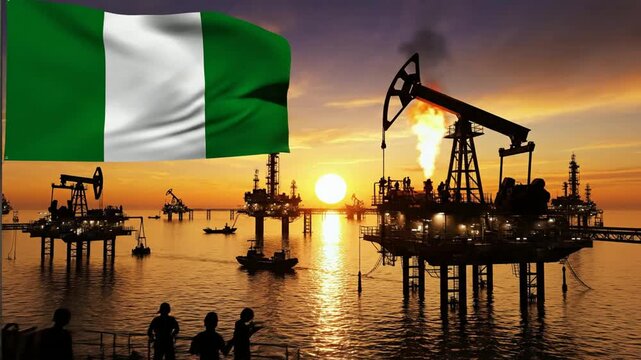 Nigerian oil rigs at sunset with flag, offshore drilling platforms, and workers on deck, Nigeria's oil industry, energy production, petroleum extraction