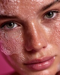 Beauty Editorial Portrait of Adult Woman With Clean Face Covered in Bubbles During Skin Care Routine