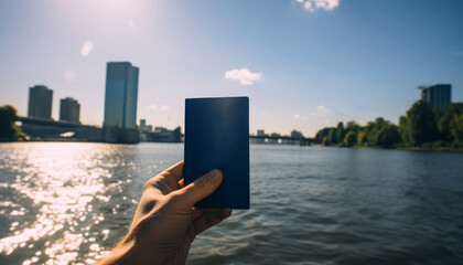 Hand holding a blue notebook over a shimmering river with city skyline in the distance under a clear sky