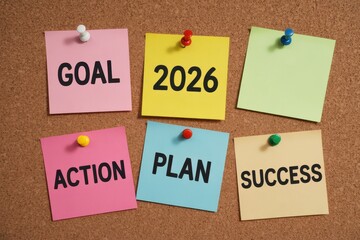 Goal 2026 Action Plan Success words on sticky notes pinned to cork board
