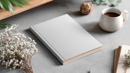 Blank Book Cover Mockup on Table With Coffee, Flowers, and Light in Soft Daylight Setting