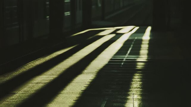 Warm sunlight creating strong contrasting stripes and shadows across a dark, worn ground surface with subtle textures and a longitudinal line, evoking a sense of calm and depth
