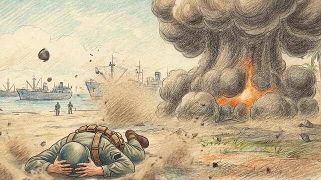 Soldier in military uniform reacts to explosion on beach, crouching down as smoke billows from ship in background, other soldiers visible in distance