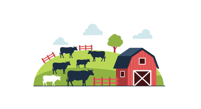 Pastoral farm landscape with cows grazing near a red barn on a sunny rural hillside.