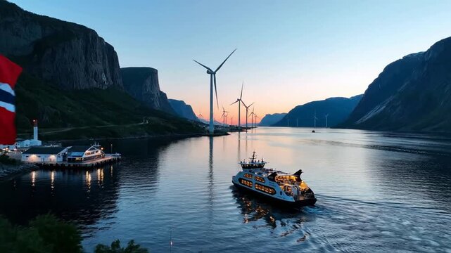 Norway fjord landscape with Norwegian flag, ferry boat, and wind turbines at sunset