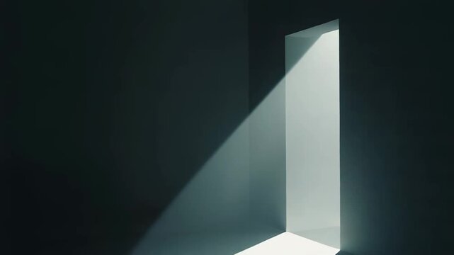 Illuminating light beam entering a dark, minimalist room, creating a bright geometric shape on the floor and symbolizing hope, opportunity, freedom, or a new beginning