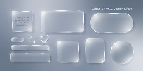 A set of frames with glass effects with shining edges and highlights. White, translucent geometric shapes, heart shape, stars. Designing UI UX elements for websites and user interfaces.