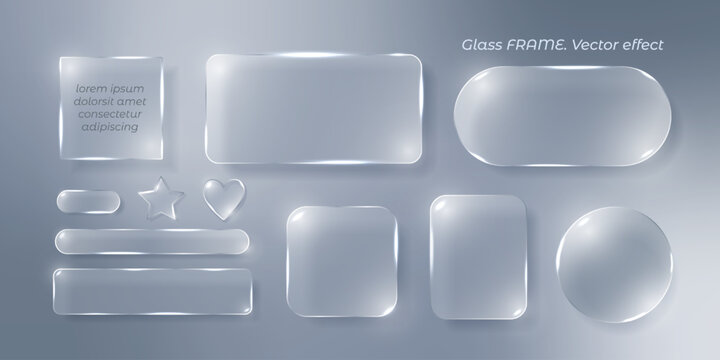 A set of frames with glass effects with shining edges and highlights. White, translucent geometric shapes, heart shape, stars. Designing UI UX elements for websites and user interfaces.