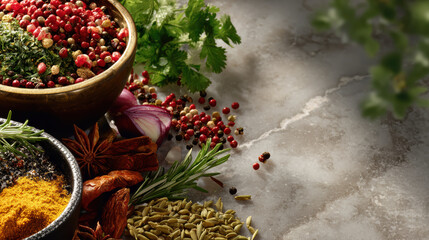 Spice herb seed pepper curry seasoning organic gourmet spicy seasoning blend with vibrant herb leaf and seed on stone kitchen counter top