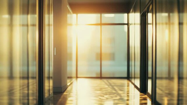 Golden sun illuminating a modern office corridor, creating a radiant path forward and symbolizing hope, opportunity, and a bright future in business and professional growth