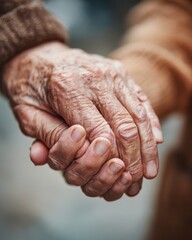 Close-up of Elderly Hands Holding Caregivers' Hands Outdoors During a Warm Afternoon in a Supportive Moment of Connection and Care