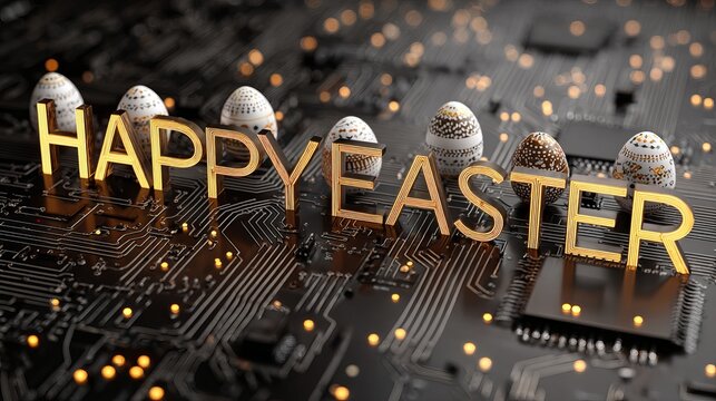 A computer circuit board with Easter eggs and Happy Easter text in gold letters