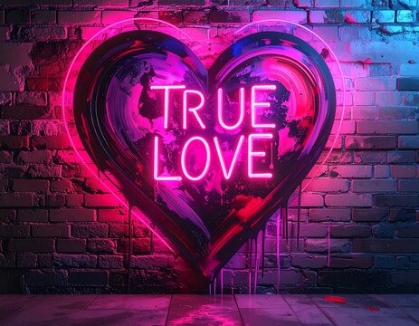 The words 'True Love' written in a throw-up graffiti style inside a heart against a brick wall. Neon colors. Valentine's Day background.