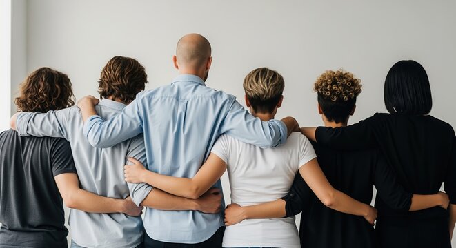 Diverse people standing together from behind with arms around each other's shoulders, showing unity and teamwork. Represents friendship, support, and community bonds.