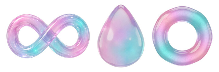Glossy Jelly Abstract Shapes Set &ndash; Infinity, Drop and Ring in Pastel 3D Style