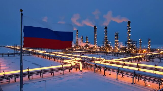 Russian oil and gas industrial complex with flag, pipelines and smokestacks at dusk in winter factory