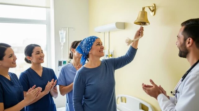 Joyful cancer patient ringing the bell to celebrate the end of treatment, surrounded by applauding medical staff