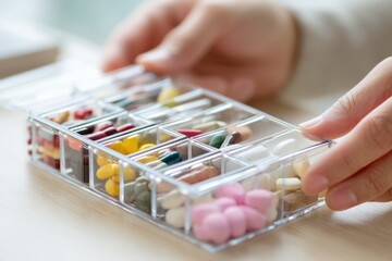 Hands Organize Daily Medications in a Pill Organizer With Clear Compartments on a Wooden Surface in a Well-Lit Room