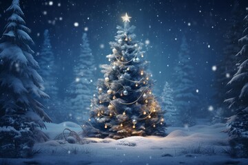 Decorated christmas tree illuminating a dark, snowy forest at night, evoking holiday wonder