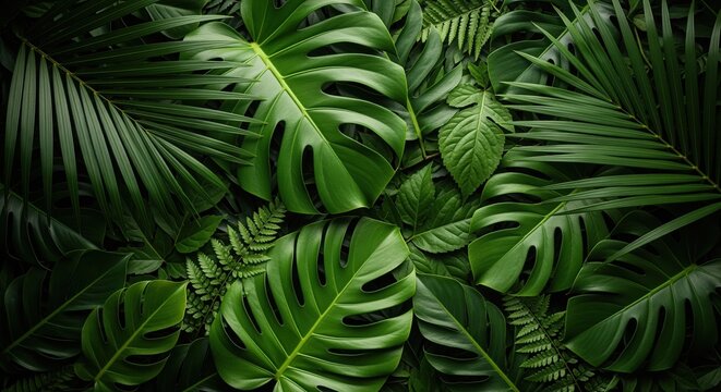 Lush green tropical leaves with split patterns and feathery fronds create a vibrant natural canopy. Perfect for botanical designs, wellness content, nature backgrounds, and eco-friendly projects.