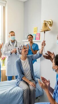 Joyful cancer patient ringing the bell to celebrate the end of treatment, surrounded by applauding medical staff, vertical shot