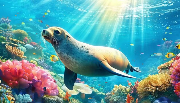 sea lion swimming underwater in a colorful coral reef with tropical fish
