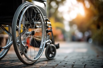 Close-up View of a Wheelchair Wheel on a Smooth Pavement in a Public Space During Late Afternoon Sunlight
