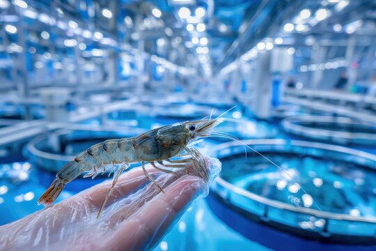 Sustainable Shrimp in a Seafood Farm With Tanks and Clean Water in a Modern Facility During Daytime