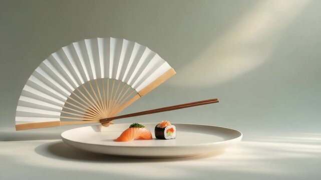 Sushi on a plate with a fan and chopsticks in a simple setting during daylight hours