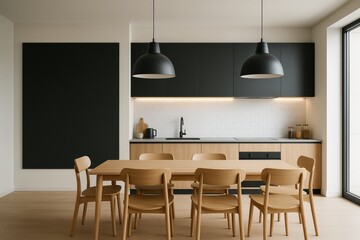 Modern minimalist kitchen interior with black cabinets, wood furniture, pendant lights, and white tile wall in Scandinavian design concept style. Ai generative