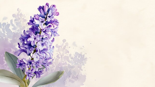 Left-aligned watercolor illustration of a single purple hyacinth stem on a clean cream and lavender gradient background