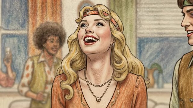 Group of friends dancing joyfully in a cozy living room, featuring colorful decor, plants, and a vintage record player in the background, capturing a lively social atmosphere