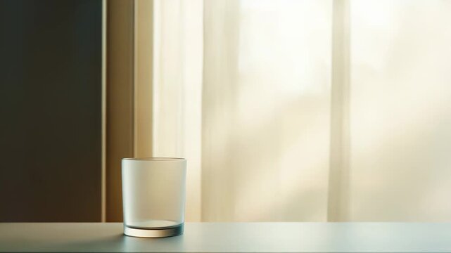 Empty frosted glass standing on a modern desk against a soft focus background with abstract vertical lines and warm natural light creating a tranquil, minimal scene