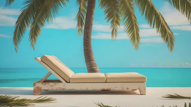 Enjoying a sunny beach day on a lounge chair by the ocean with palm trees in the background