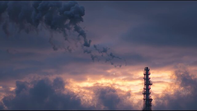 Flare Stack at Refinery Emitting Dying Flame Against Darkening Sky During Evening Hours